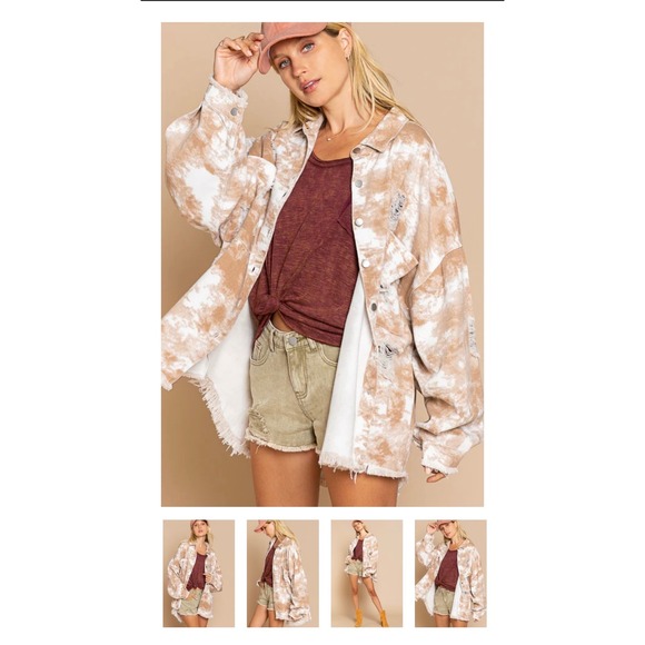 POL Jackets & Blazers - POL Womens Brown Tie Dye Distressed Denim Shacket Oversized Shirt Jacket Large